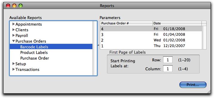 Printing Barcode Labels from a Purchase Order Prints one barcode label for each item on the selected purchase order that has Print Label checked on the product setup window.