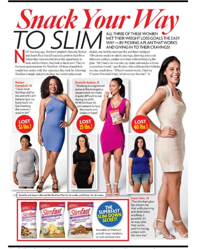SlimFast in Star Magazine NAD Case #6039 The cover page referred readers to an article titled, Snack Your Way to Slim.