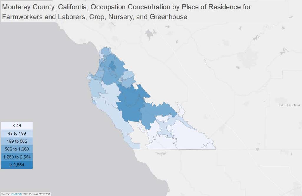 Geographic Distribution The below maps illustrate the ZCTA-level distribution of employed Farmworkers and Laborers, Crop, Nursery, and Greenhouse in Monterey County, California.