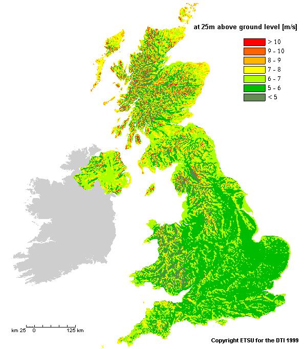 Siting of Small Wind Turbine In most of the places in the UK, the wind speed is more than 5 m/s at 25 m height. Siting of wind turbines is very important to achieve accepted performance.