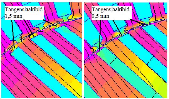 Sarnane katse teostati ka tangensiaalribide jaoks. Läbi viidi 3 katset, kus tangensiaalribide paksused olid vastavalt 0,5 mm; 1,5 mm ja 2,5 mm.