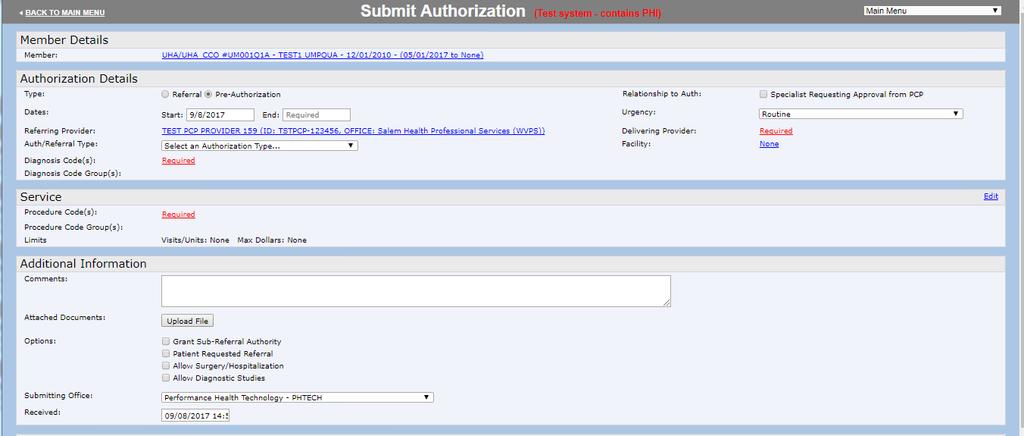 The Submit Authorization screen (pictured below) appears. The member s eligibility auto-fills in the Member Details section of the authorization form.
