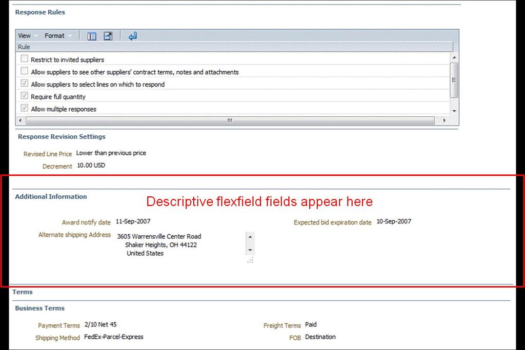 The Supplier Header Descriptive Flexfield fields are displayed to the supplier in the Additional Information section on the View Negotiation: Overview page.