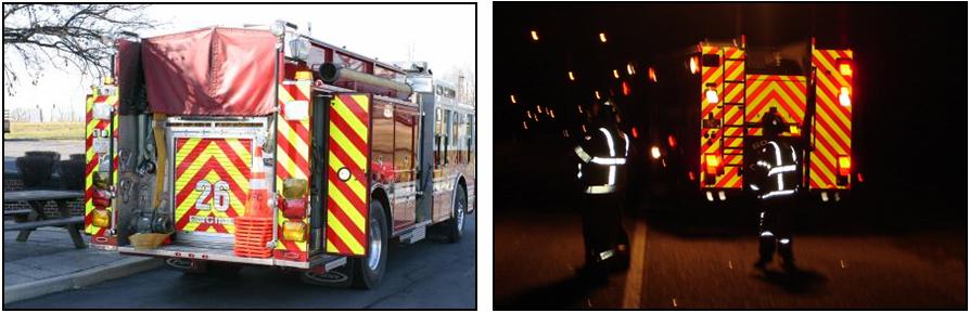 Figure 1 - Emergency Vehicles with Retroreflective Chevrons (Source: ResponderSafety.com) It is strongly recommended that the rear of emergency vehicles be outfitted with retroreflective striping. 5.