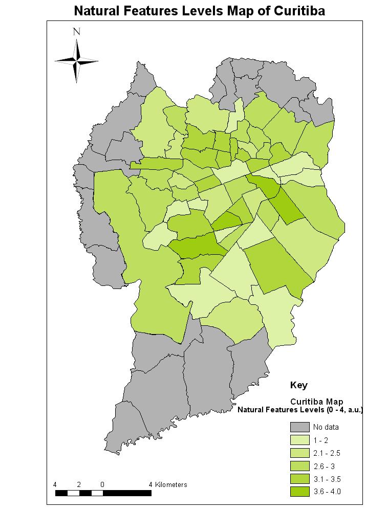 The choropleth map for Natural Features an indicator evaluated for all sample points in the studied neighbourhoods in Curitiba shows the greatest ratings for four neighbourhoods to the south.