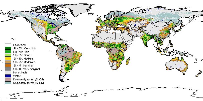 Regions for sustainable land use (without irrigation, without forest use) Source: Global Agro-ecological Assessment for