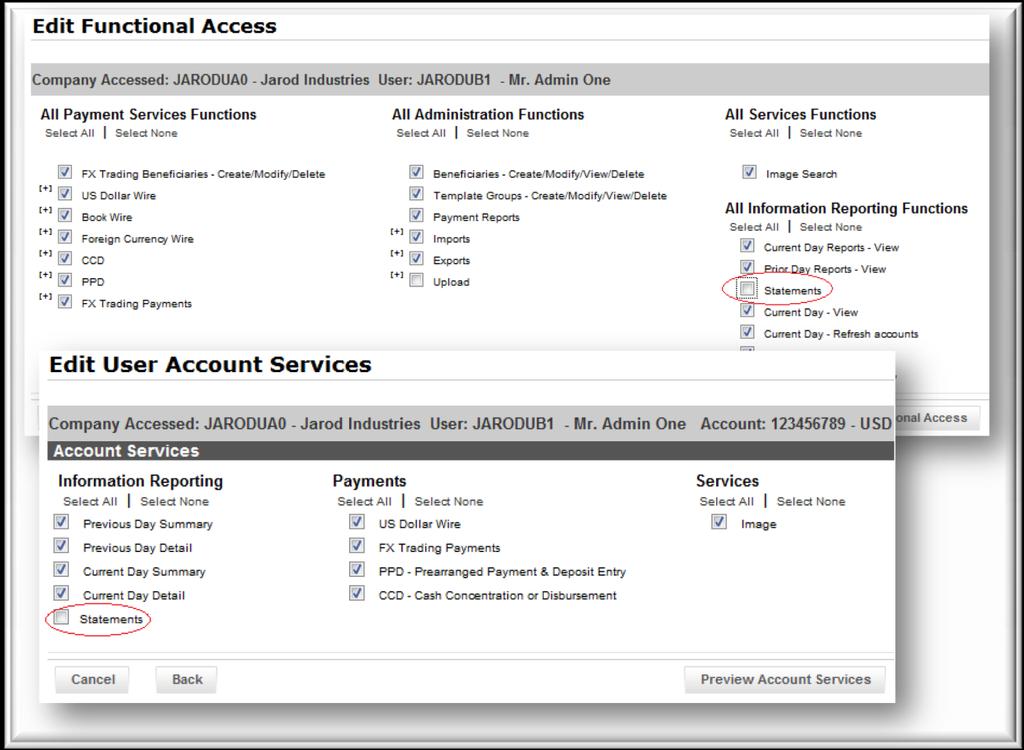 UC ebanking USA. The new product: version 2.1 page 5 The Functional access permission statements must be granted per user in order for this menu point to appear.