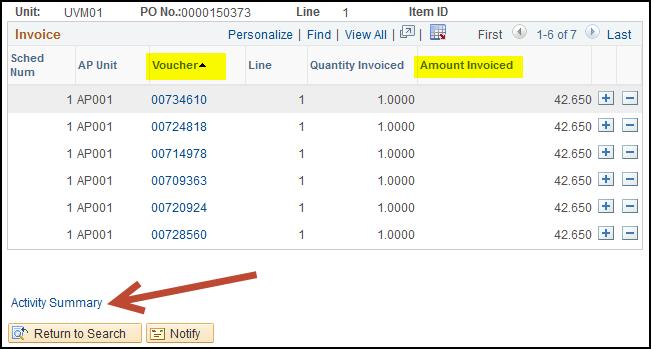 7. Select the Invoice icon to display the voucher number and amount paid. Click the Voucher number to open the Voucher Inquiry page, which displays invoice number, invoice date, accounting date, etc.