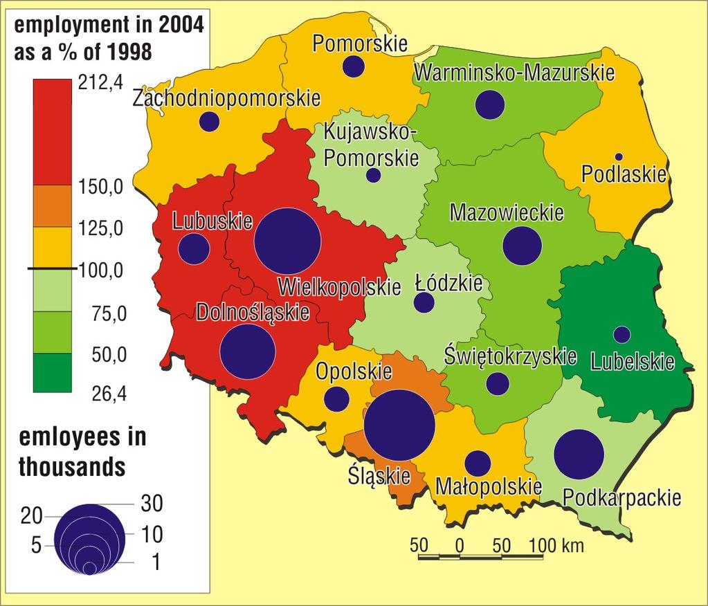 Changes in regional distribution of employment in