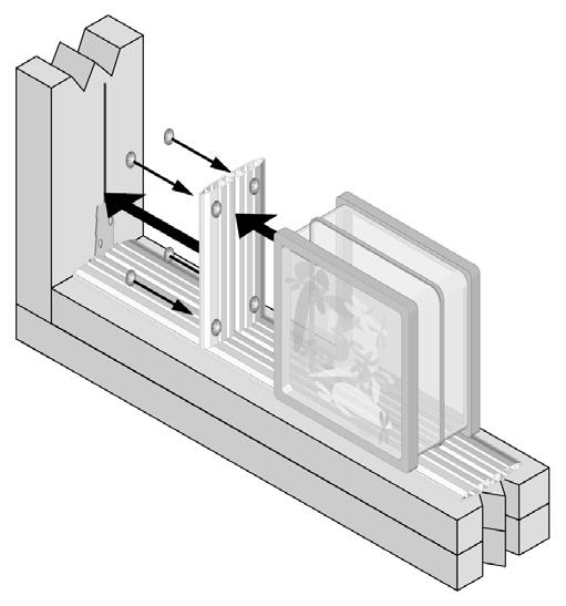 C. Reinstall the bottom horizontal spacer, with anchor inserted, pressing it down into the sealant. Do not attach the anchor with screws. D. Line up the blocks that will be installed on top of the horizontal spacer.