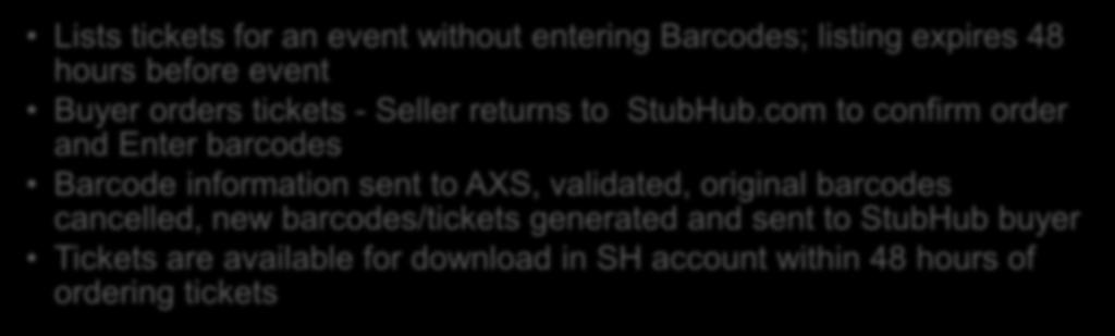 com to confirm order and Enter barcodes Barcode information sent to AXS, validated, original barcodes