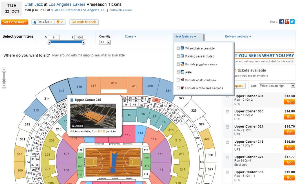 Buy Flow: StubHub Event Page Buyers can filter ticket(s) by: