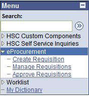 The Financials Management Menu To expand a menu, click the menu text. For example, clicking the text eprocurement will cause the menu to expand, revealing sub menu options.