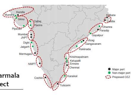 Indian Government Plans: Sagarmala Project Boost development through ports and shipping- Develop three to four new mega ports Proposed CEZ in Sagarmala Develop a world-class transshipment port with a