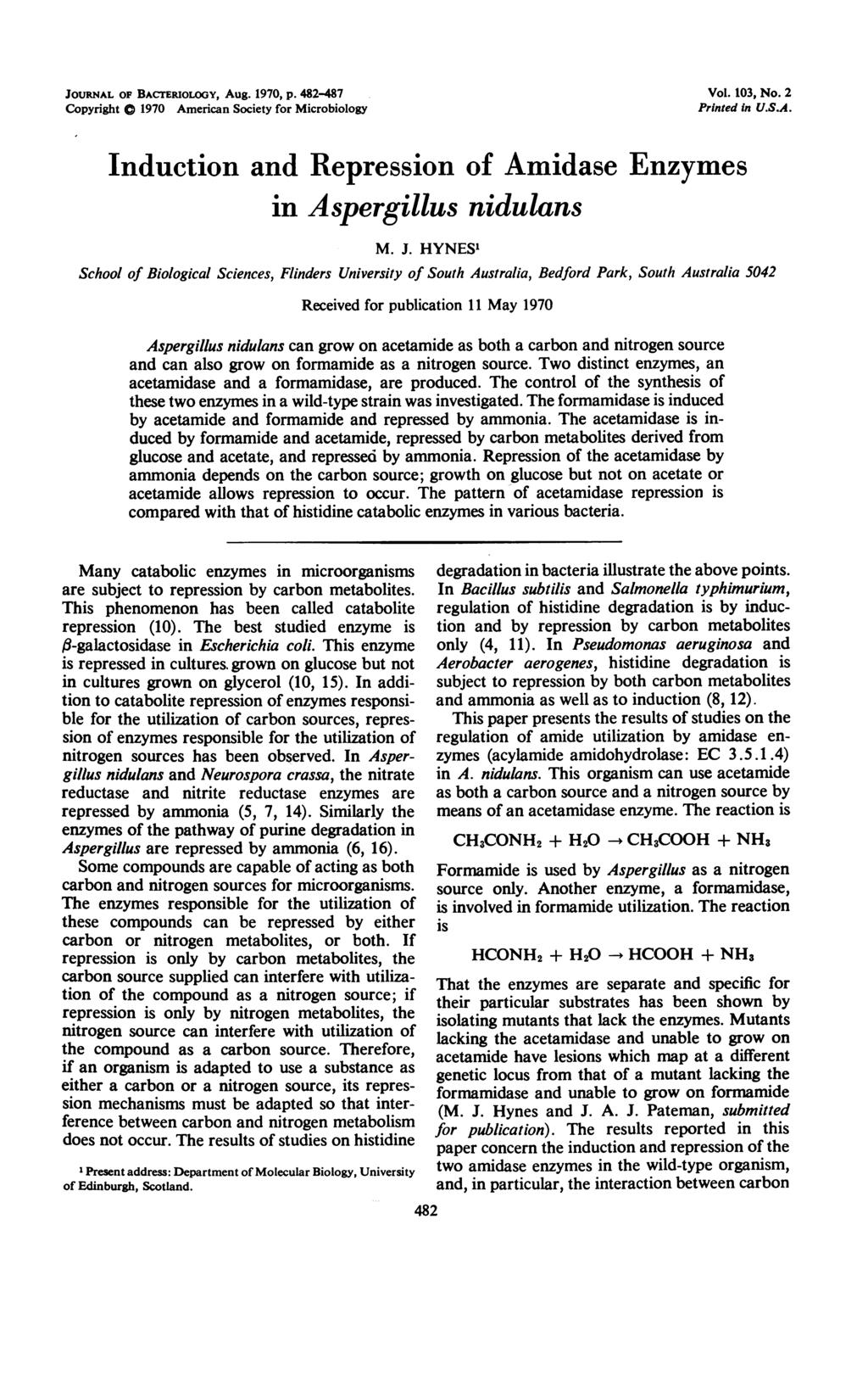 JOURNAL OF BACTERIOLOGY, Aug. 1970, p. 482-487 Copyright 0 1970 American Society for Microbiology Vol. 103, No. 2 Printed in U.S.A. Induction and Repression of Amidase Enzymes in Aspergillus nidulans M.