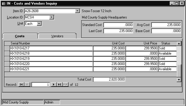 Costs and Vendors Inquiry Inquiry Costs and Vendors Inquiry Tabs Costs Tab (page 5-34) Vendors Tab (page 5-45) Overview Use Costs and Vendors Inquiry to display an item's costs