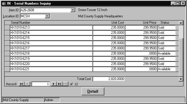 Serial Numbers Inquiry Inquiry Serial Numbers Inquiry Additional Dialogs Serial Number Detail (page 5-39) Overview Use Serial Numbers Inquiry to display costs, prices, and transaction information for