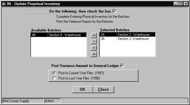 Before you update perpetual inventory Enter the physical counts for each batch. Print the Variance Report, page 11-30. Back up your data. Screen options 1.