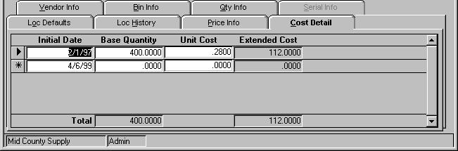 Cost Detail Tab Setup and Maintenance Menu Item Locations Cost Detail Tab Overview This tab is not available for serialized items. It shows cost detail information.
