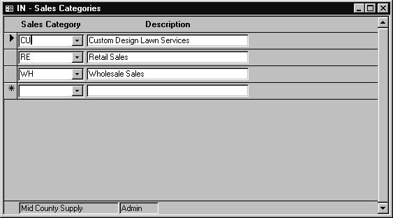 Screen options 1. Sales Category Enter a one or two-character sales category. For example, RE for Retail and WH for Wholesale. 2.