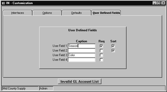 Step Four 1. Select the Defaults tab. 2. Note that your default General Ledger account numbers are entered on this screen. Step Five 1. Select the User Defined Fields tab. 2. This screen lets you set up four fields you can use for specific inventory item information unique to your business.