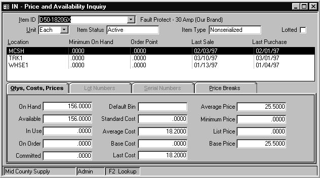 Price and Availability Inquiry Inquiry Price and Availability Inquiry Tabs Qtys, Costs, Prices Tab (page 5-3) Lot Numbers Tab (page 5-4) Serial Numbers Tab (page 5-5) Price Breaks Tab (page 5-6)