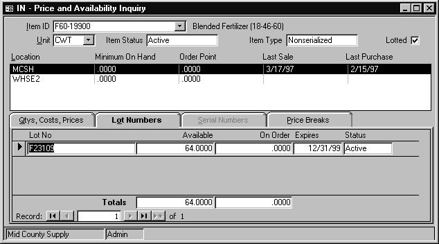 Lot Numbers Tab Inquiry Price and Availability Inquiry Lot Numbers Tab Overview This tab is available for lotted items only.