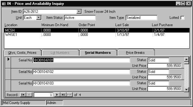 Serial Numbers Tab Inquiry Price and Availability Inquiry Serial Numbers Tab Overview This tab is available only for
