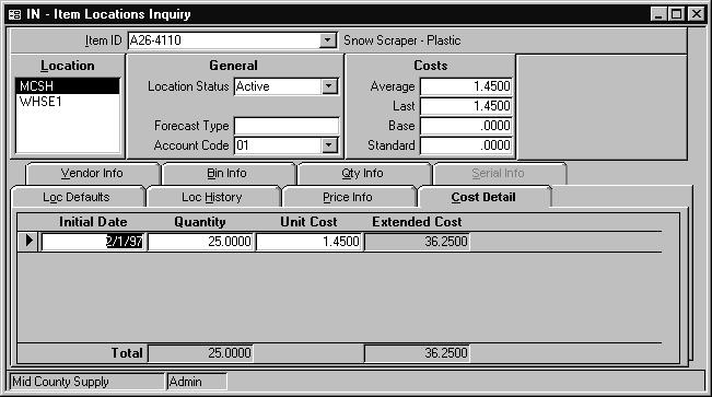 Cost Detail Tab Inquiry Item Locations Inquiry Cost Detail Tab Overview The Cost Detail tab shows information about each purchase of the item.