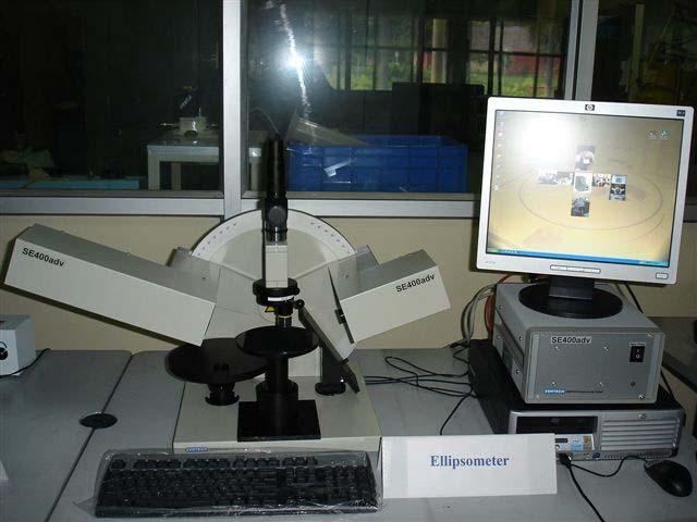 ELLIPSOMETER Important Features Tabletop model, using non-destructive and non-contact method Configuration: Source-Polarizer- Compensator- Analyzer-Detector, sample holder, manual goniometer