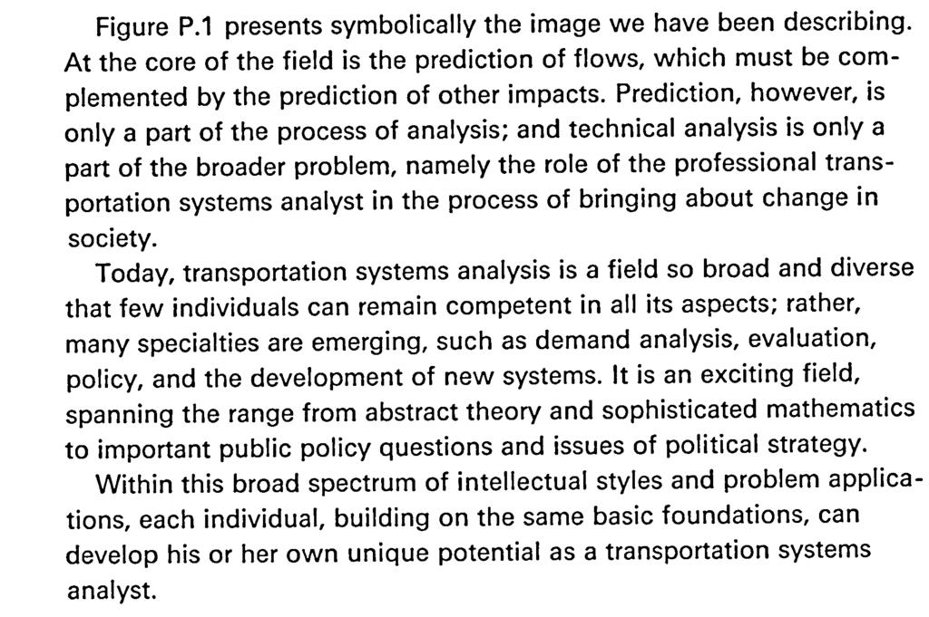 Prediction Process of Role of the of other analysis professional impacts Figure P.1 The scope of transportation systems analysis. Figure P.1 presents symbolically the image we have been describing.