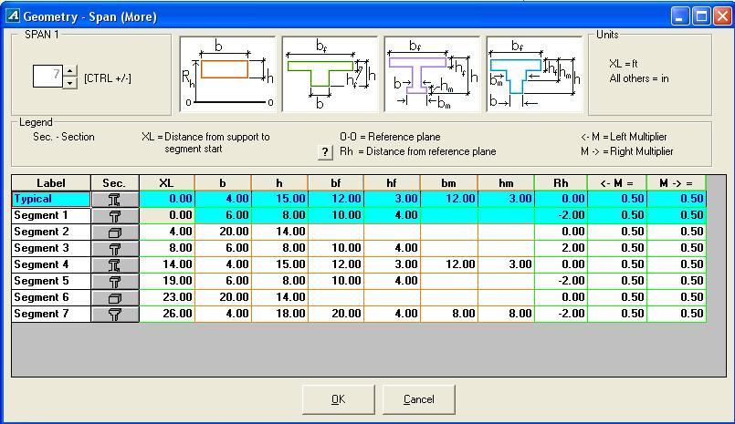 STRUCTURAL MODELING AND EXECUTION Chapter 7 6. Change prismatic column PR to NP. Changing a span to NP activates the button in the Seg. column. 7. Click on the button in the Seg.