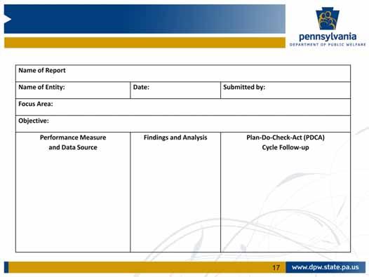 Let s look at an example of a data report template. In the example, you see that relevant information is listed in the top sections of the report.