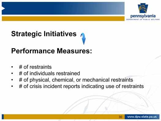 For instance, in order to measure and track its success in reducing the use of restrictive interventions, ODP has identified some of the following key performance measures: Number of restraints