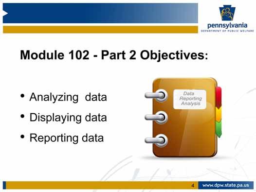 The objectives for Module 102 Part 2 include learning how to: Analyze data Display data,