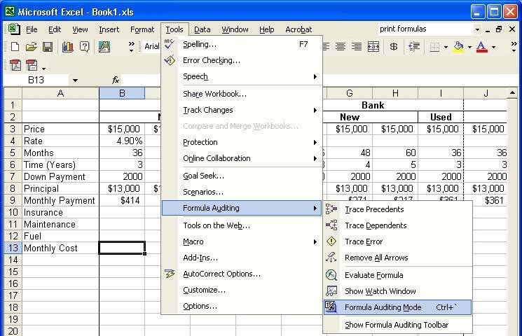 To print the formulas, go to Tools-Formula Auditing- select Formula Auditing Mode, as shown below: