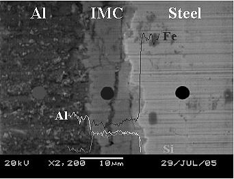 Two distinct layers are visible on top of the steel. The black layer is the Al-Si coating layer, and the gray region is the IMC.