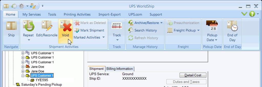 Note: Icons with an up arrow indicate that some package detail information has already been sent to UPS. 5. If the shipment icon does not have an up arrow: a. On the Home tab, select Void.