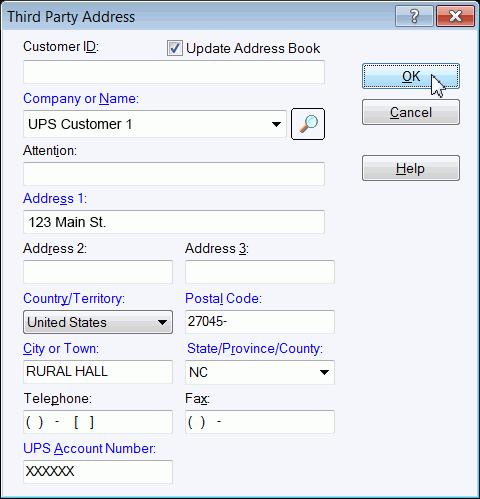 In the Third Party Address window, type the address and account number of the person or company that will pay all of the charges that the shipper would pay for the