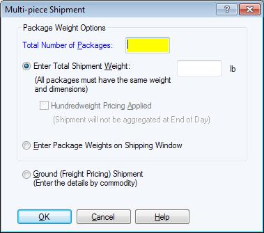 On the Home tab, select Multi-piece Shipment. 7. In the Multi-piece Shipment window, type the total number of packages and select a package weight option.