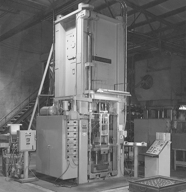 For small tonnage, mechanical presses are used. Hydraulic presses (Fig. 17.12) with capacities as high as 45 MN (5000 tons) can be use for large parts.