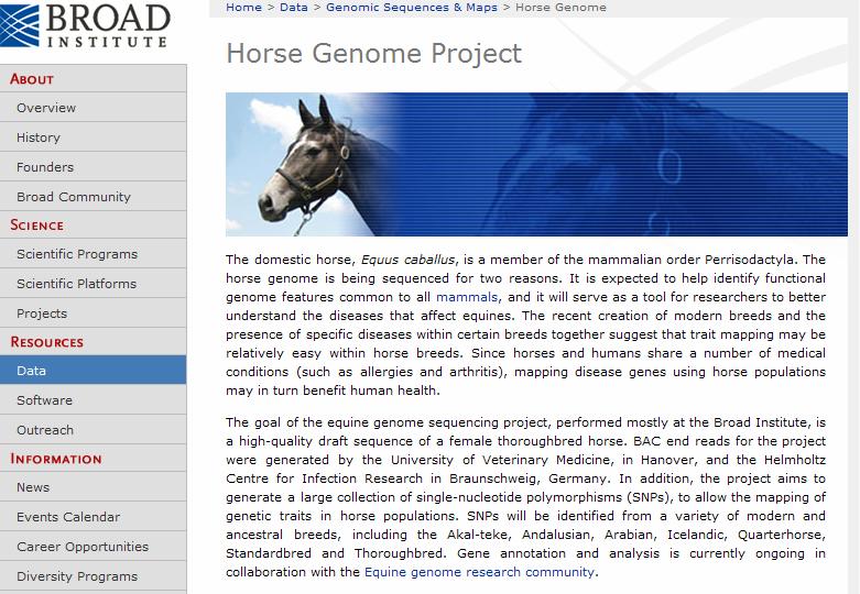 9 2.4 PROJEKT SEKVENCIRANJA KONJSKEGA GENOMA Januarja 2007 je bil objavljen prvi osnutek konjskega genoma, ki obsega 6,8X pokritje genoma.
