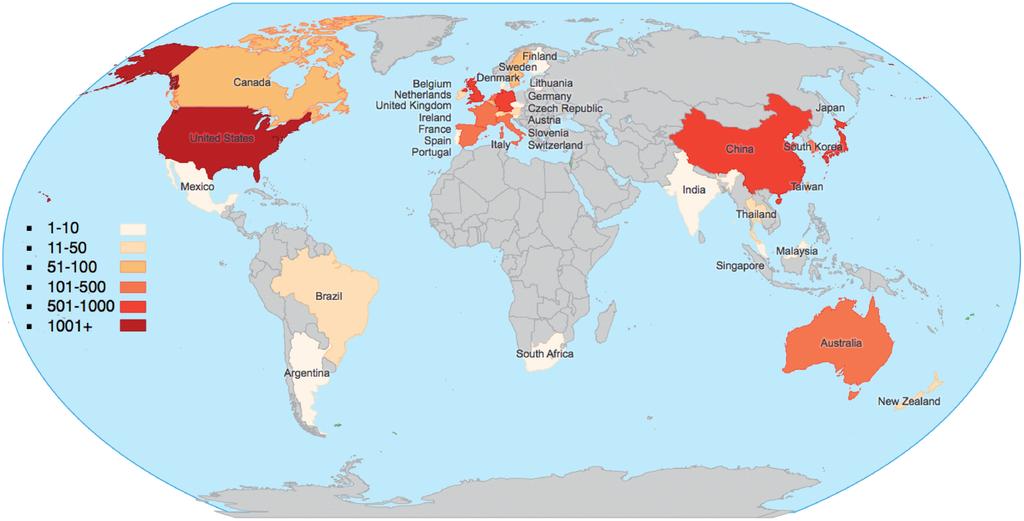 D1172 Nucleic Acids Research, 2011, Vol. 39, Database issue Figure 1. World map showing the source and volume of IMGT/HLA submissions by country.