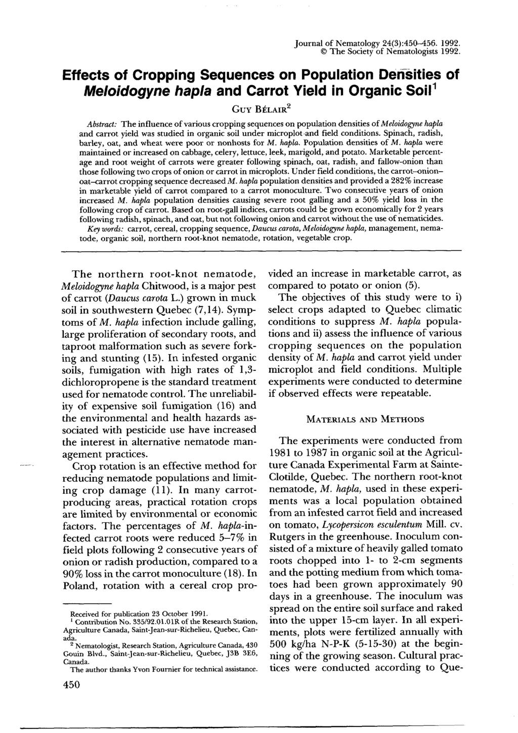 Journal of Nematology 24(3):450--456. 1992. The Society of Nematologists 1992.