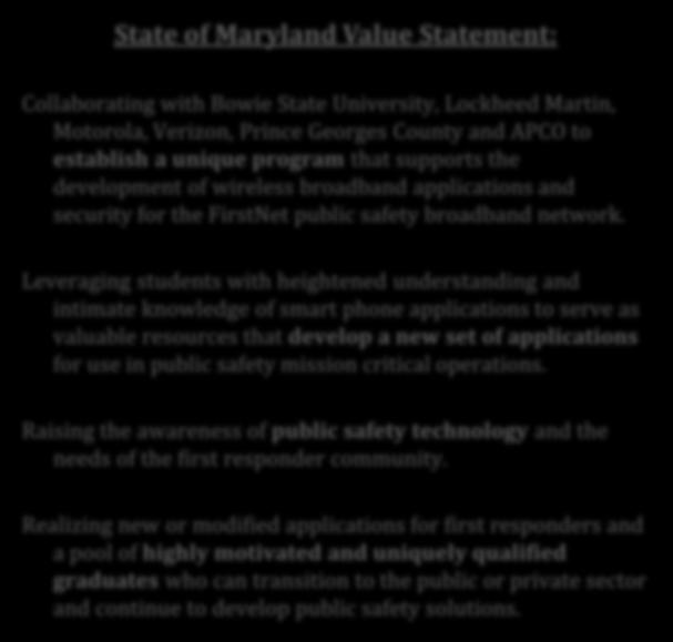 State of Maryland Value Statement: Collaborating with Bowie State University, Lockheed Martin, Motorola, Verizon, Prince Georges County and APCO to establish a unique program that supports the