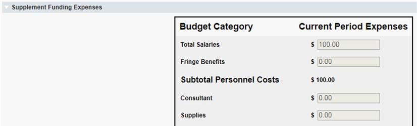 12. Go to the Supplemental Funding Expenses section and enter the Current Period Expenses for each budget category in the corresponding field.