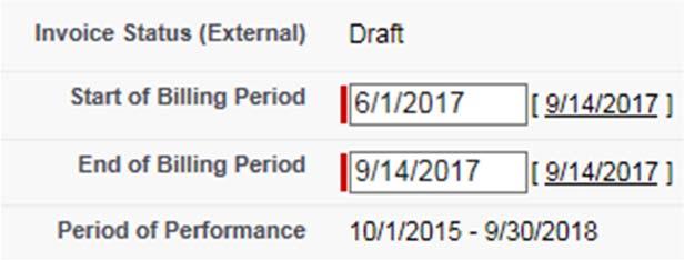 Note: The contract start date and end date are provided in the Period of Performance dates listed on the New Invoice screen.