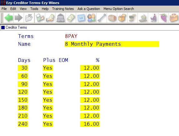 Accounts Payable Creditor Terms 8 Payments Up to 8 payments can now be specified.