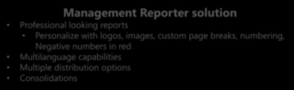 Management Reporter solution Professional looking reports Personalize with logos, images, custom page