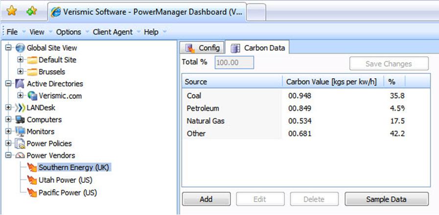 Since each vendor will have a different power generation model, Verismic Power Manager allows for each vendor to have their generation sources listed along with their emission levels.